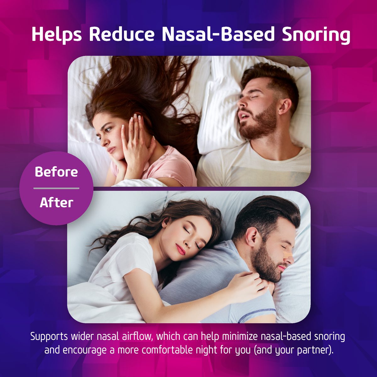 Before and after: a couple kept awake by snoring, then sleeping peacefully with a Breathe+ strip