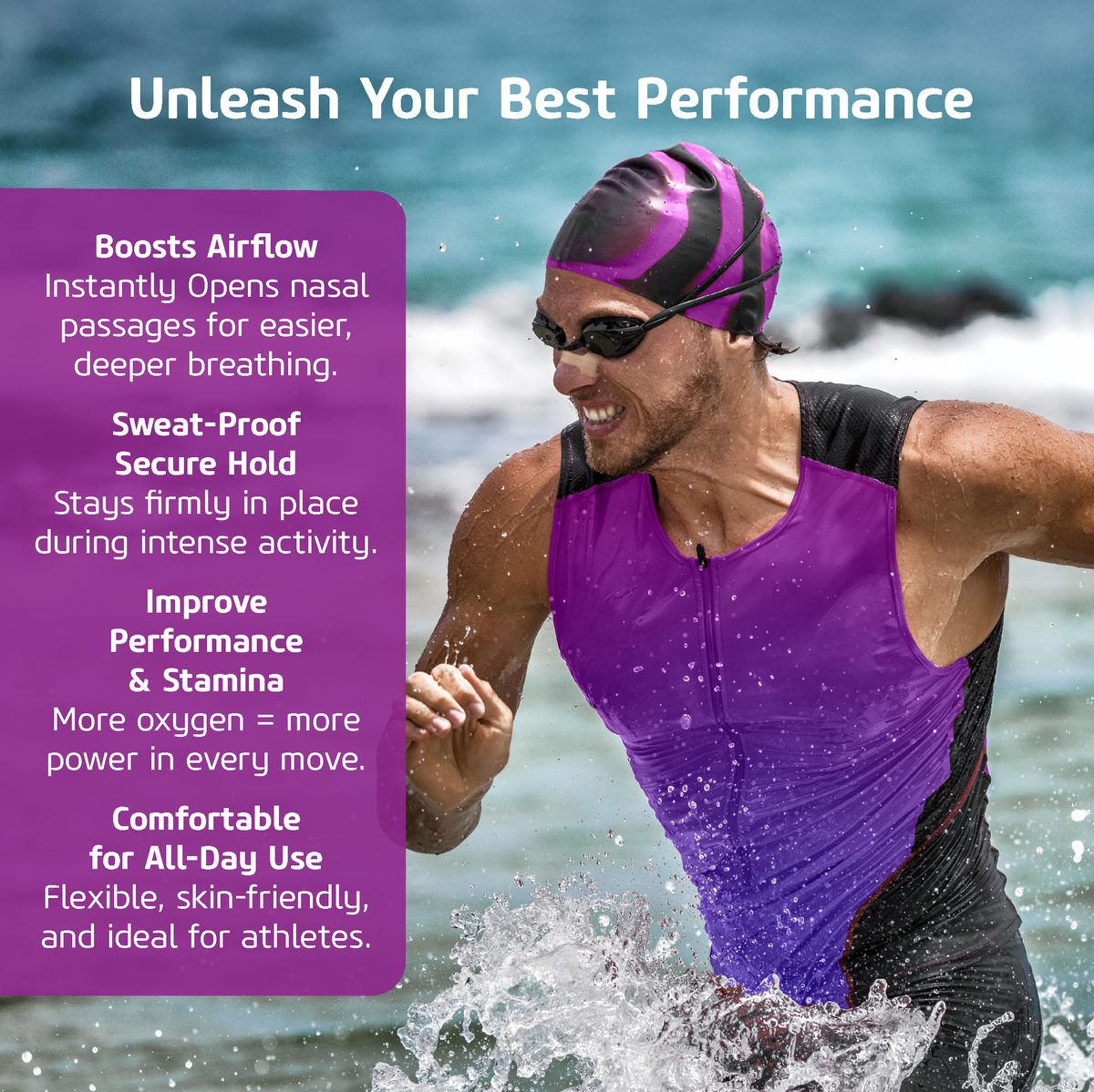Triathlete wearing a Breathe+ nasal strip while swimming