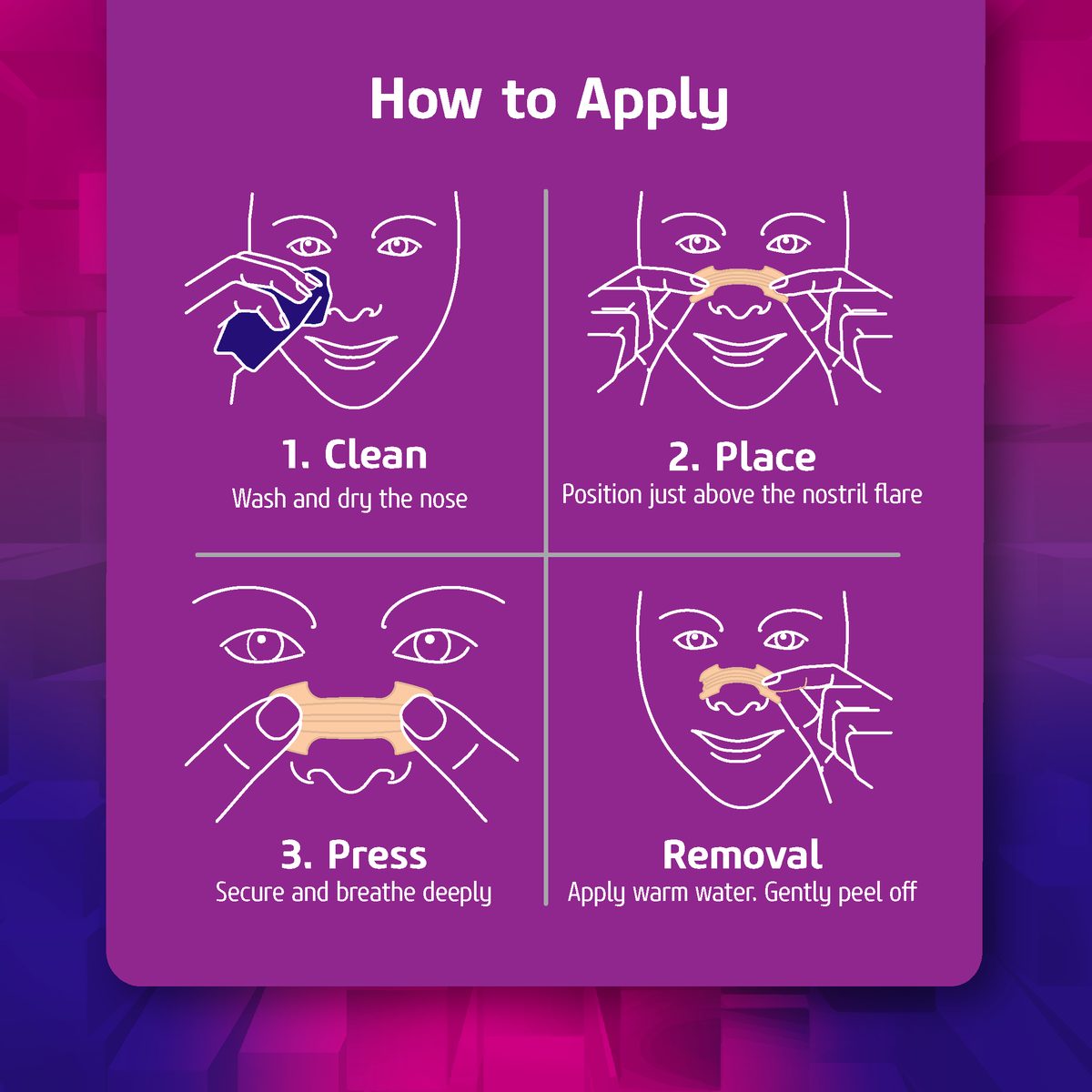 Illustrated steps: clean, place, press, and remove a Breathe+ strip